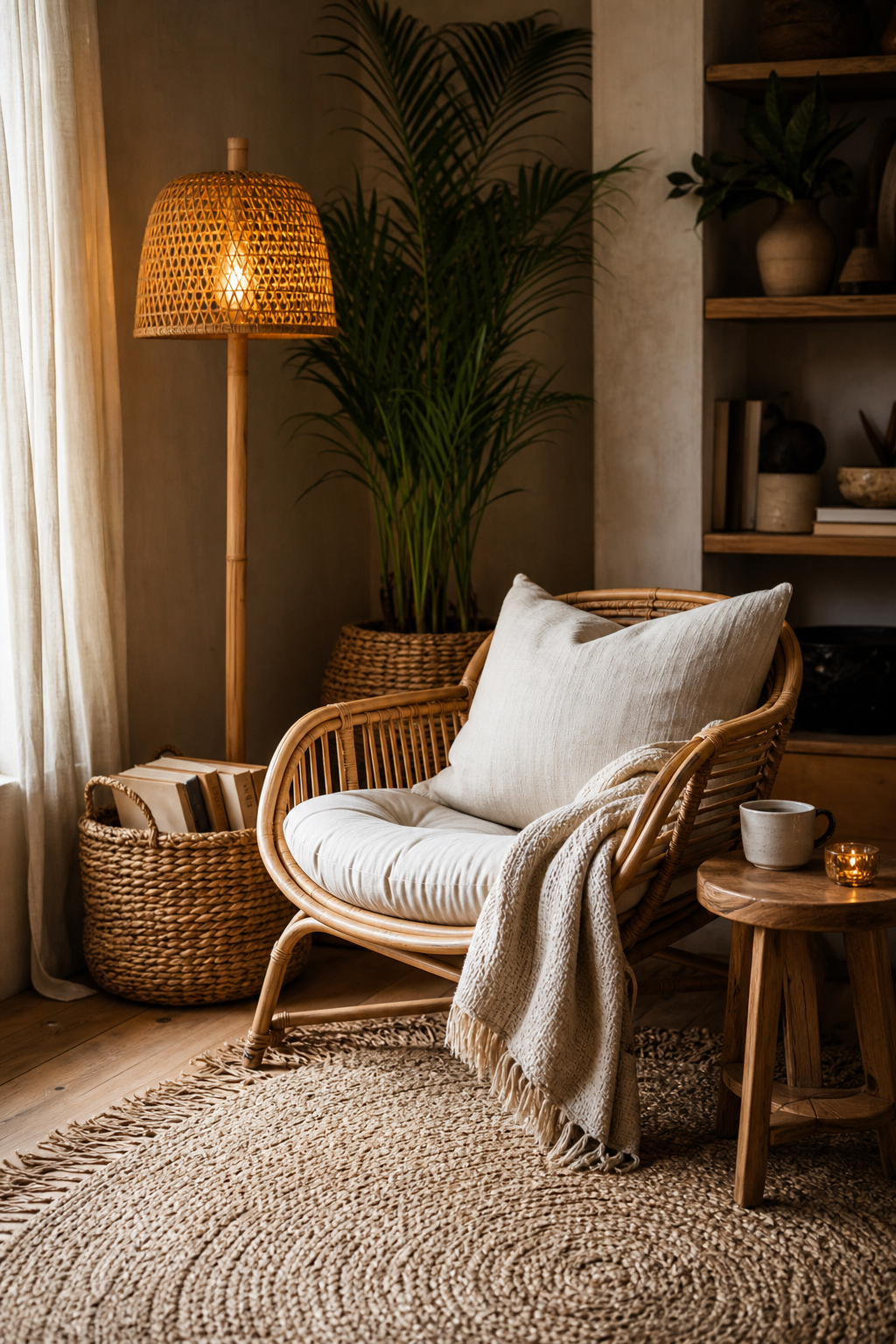 Cozy boho reading corner with rattan chair, floor lamp, and woven basket