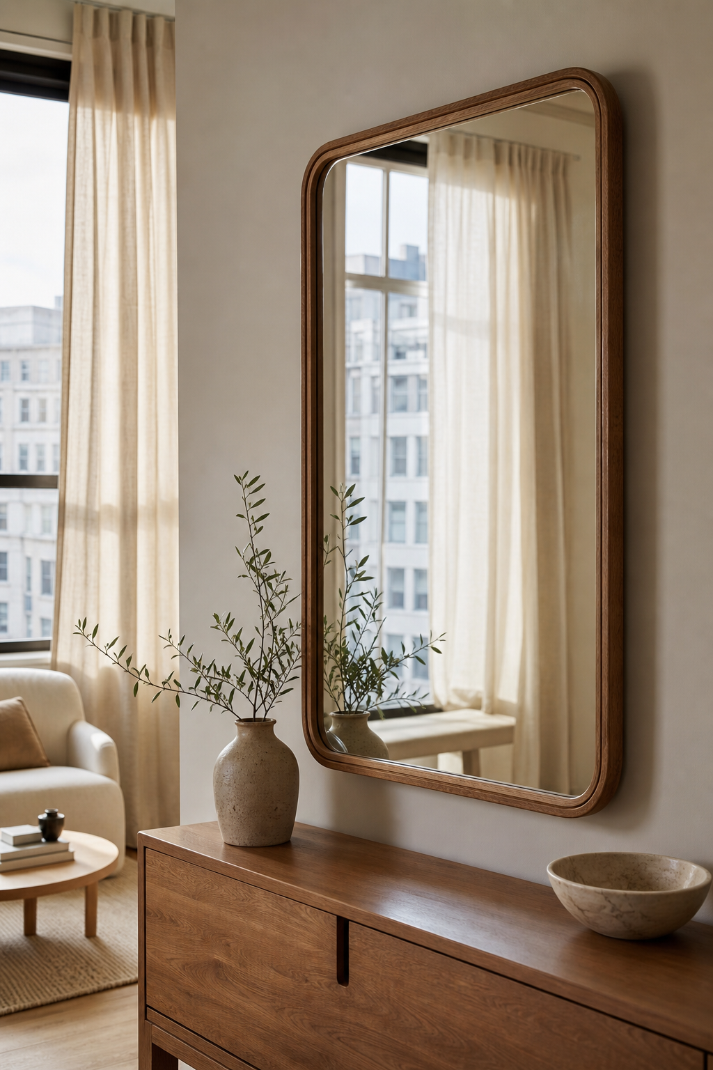 Apartment mirror reflecting window light to make the room feel larger