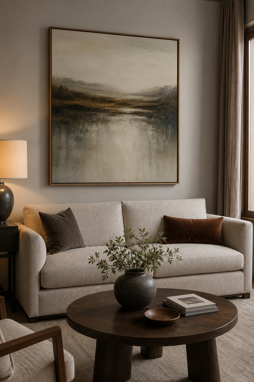 Small living room with one large artwork above the sofa