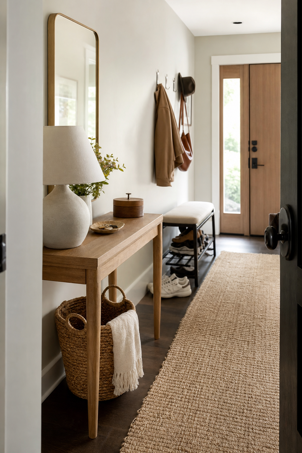 Small apartment entry with narrow console, bench, runner, and warm foyer styling