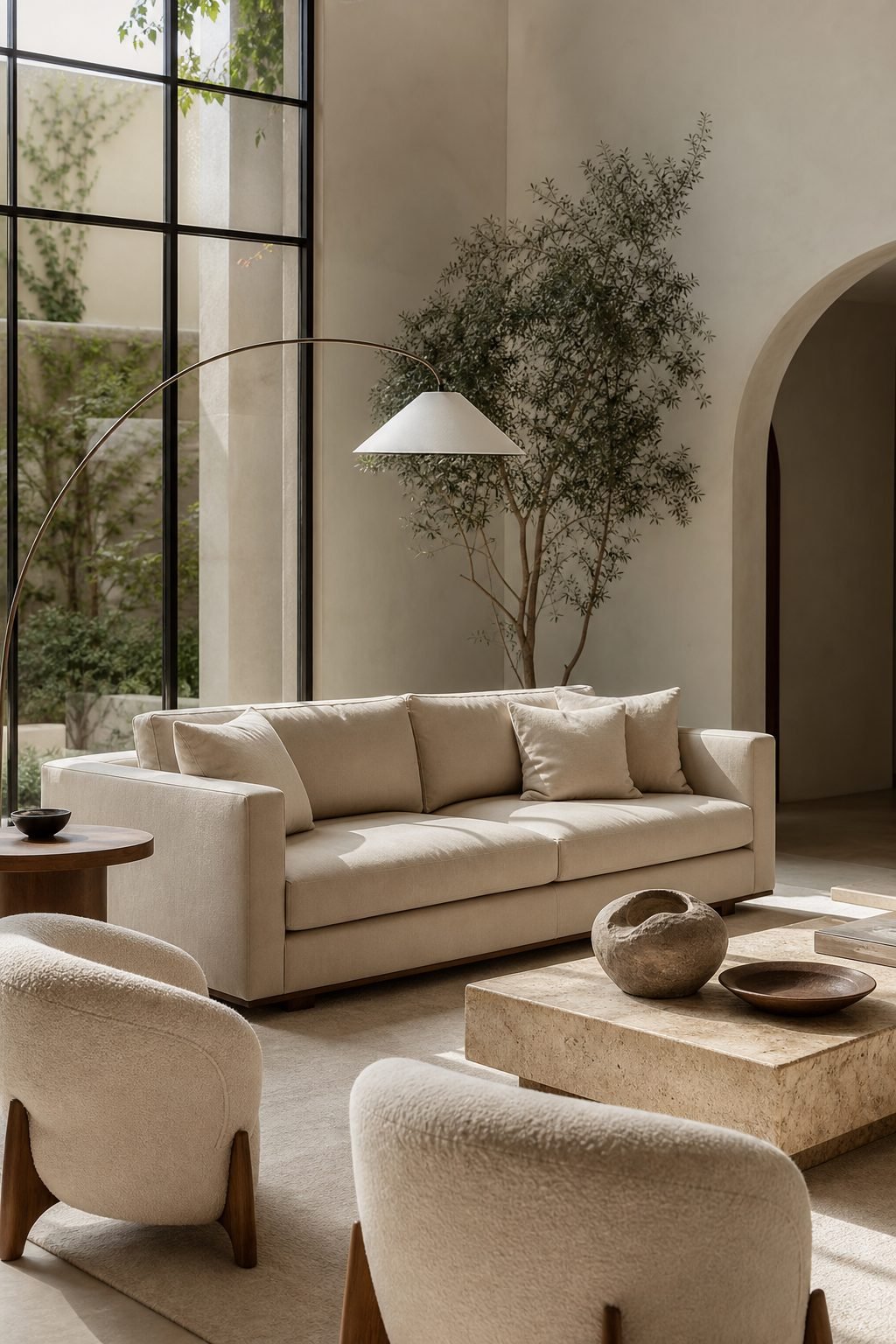 Beige track-arm 3 seater sofa creating tailored balance in an elegant living room