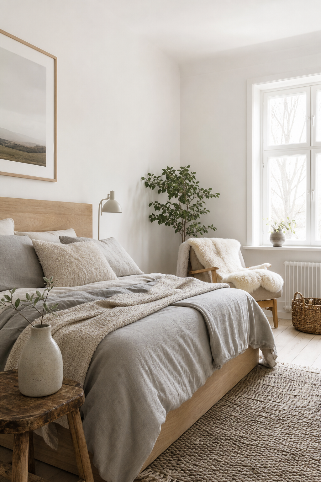 Scandinavian bedroom with pale wood, wool blankets, and soft neutral bedding