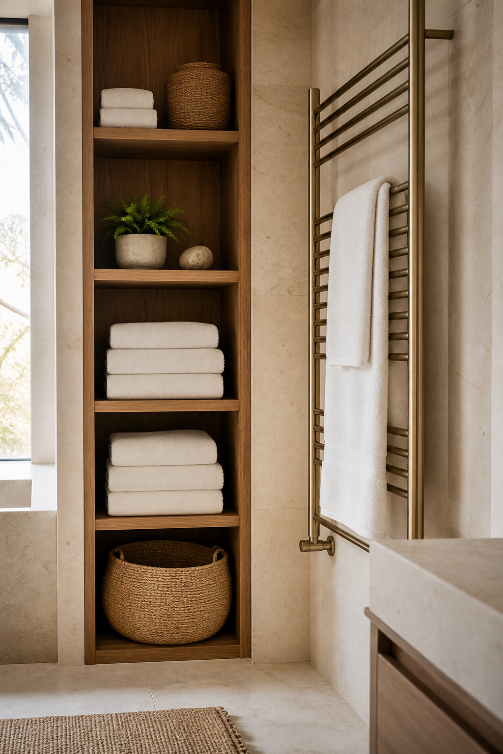 Neatly folded towels and heated rail in a modern spa bathroom