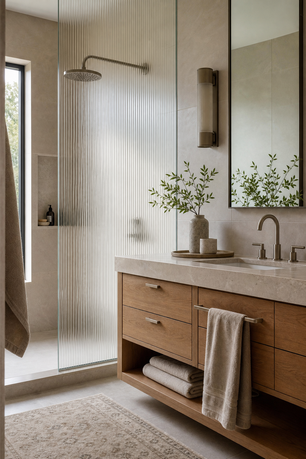 Bathroom with ribbed glass shower panel and oak vanity