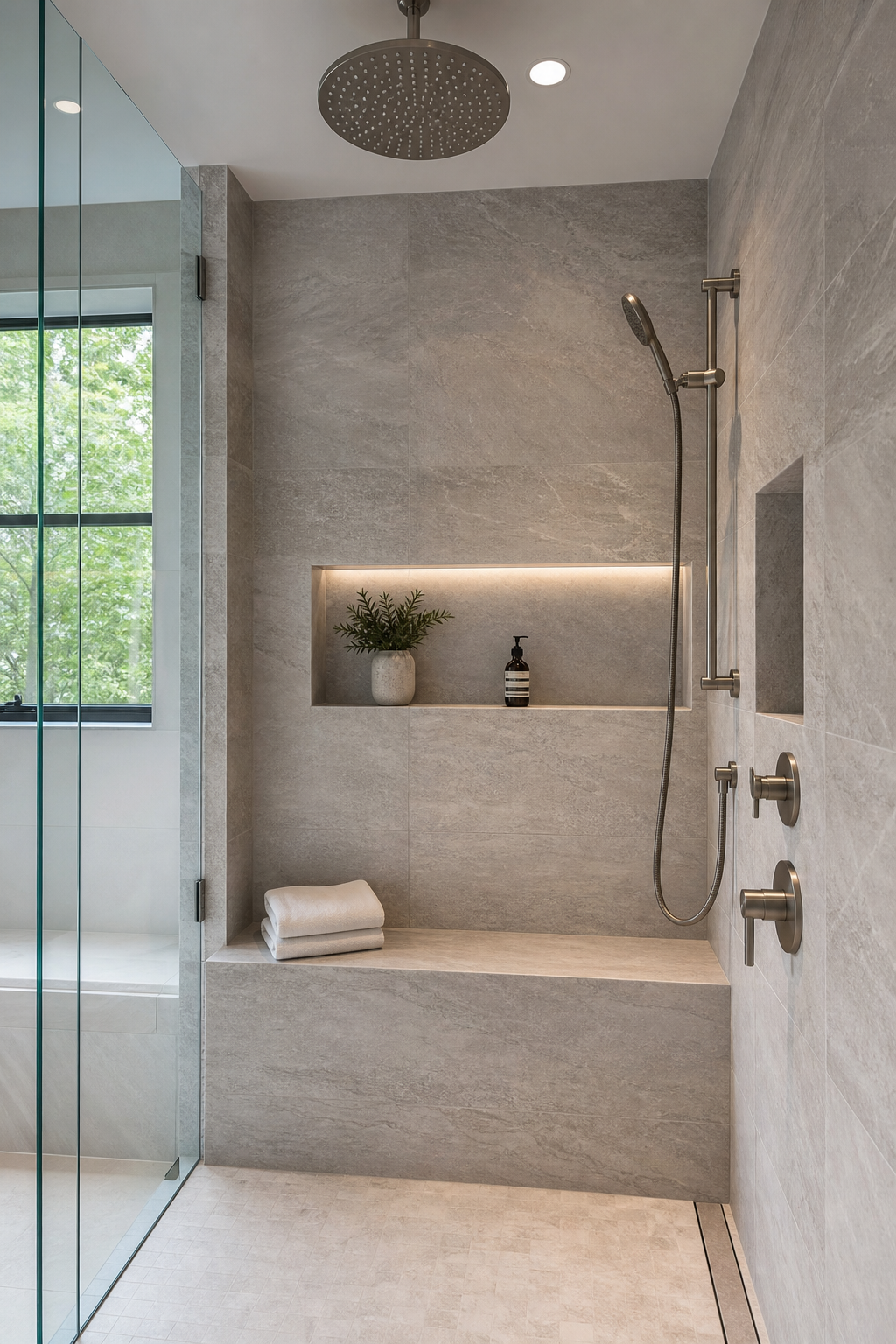 Walk-in shower with integrated stone bench, recessed niche, and frameless glass