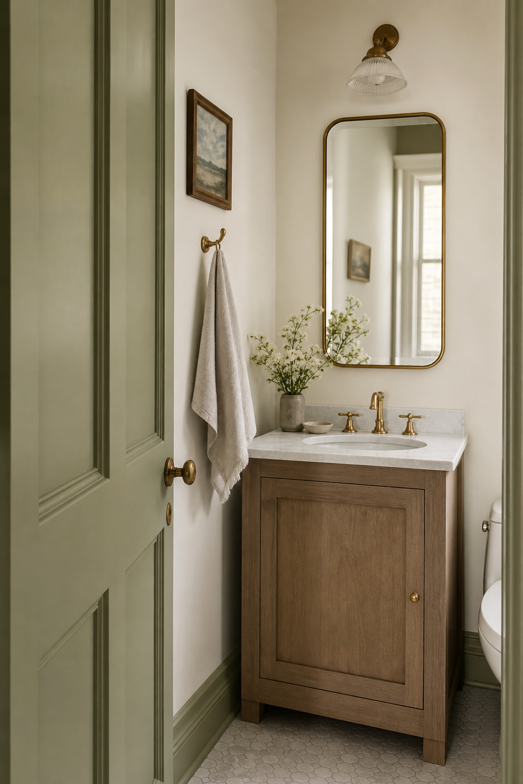 Small bathroom with soft sage painted door and trim