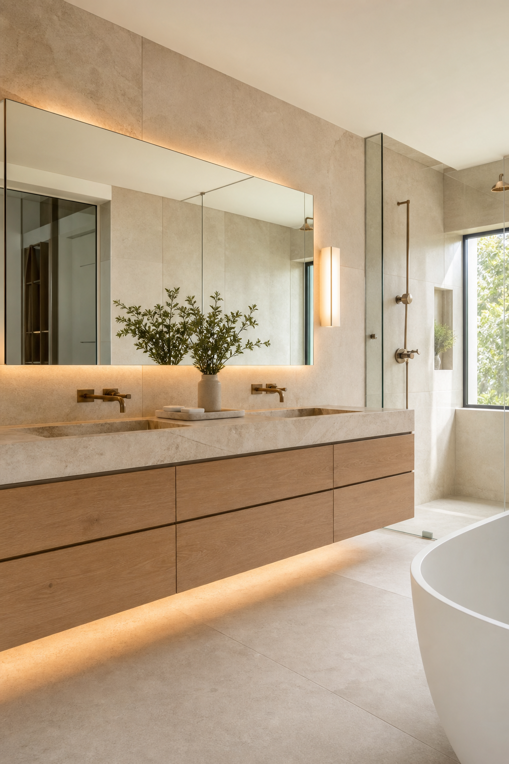 Floating vanity in an airy master bathroom
