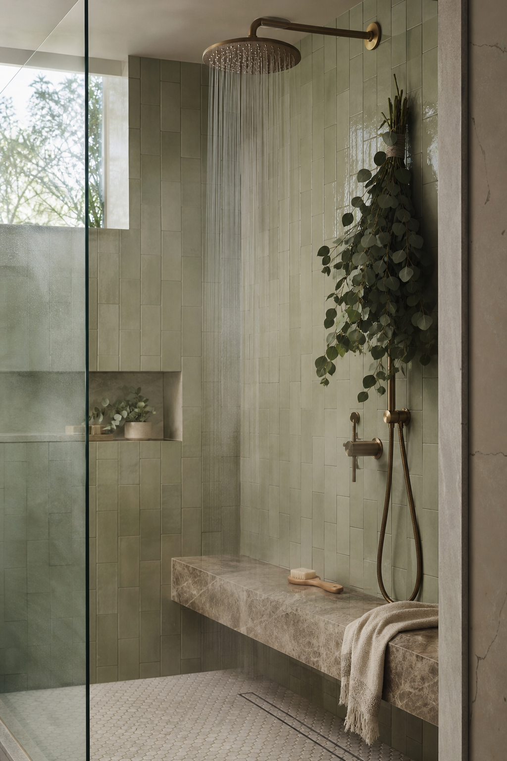 use eucalyptus for a fresh shower moment in a cozy spa-like bathroom