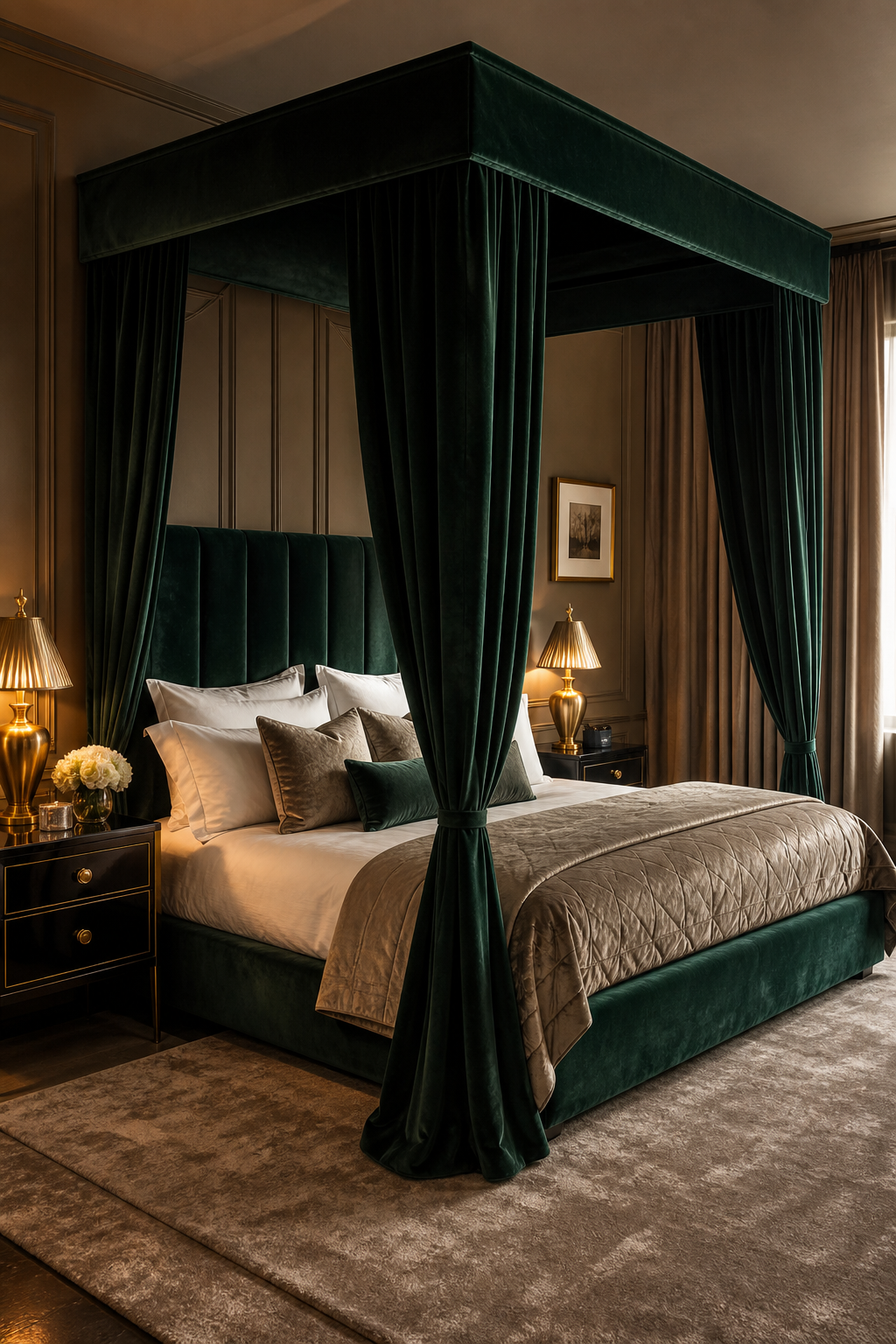 Emerald velvet canopy bed in a glamorous bedroom