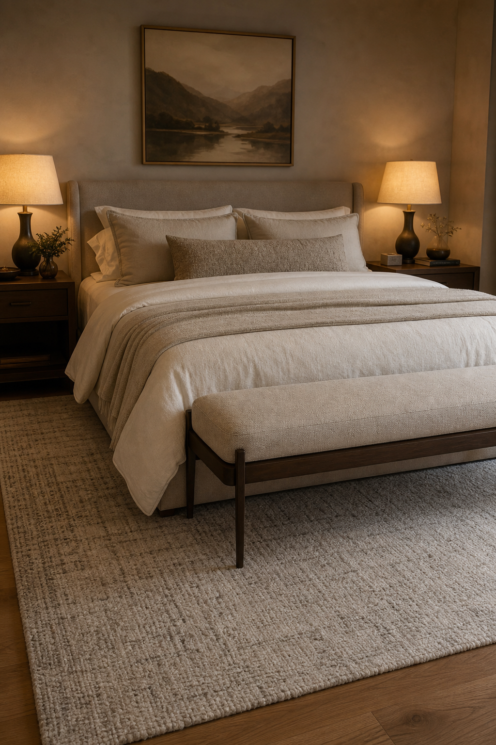 Upholstered bench at the foot of a cozy hotel-inspired bedroom