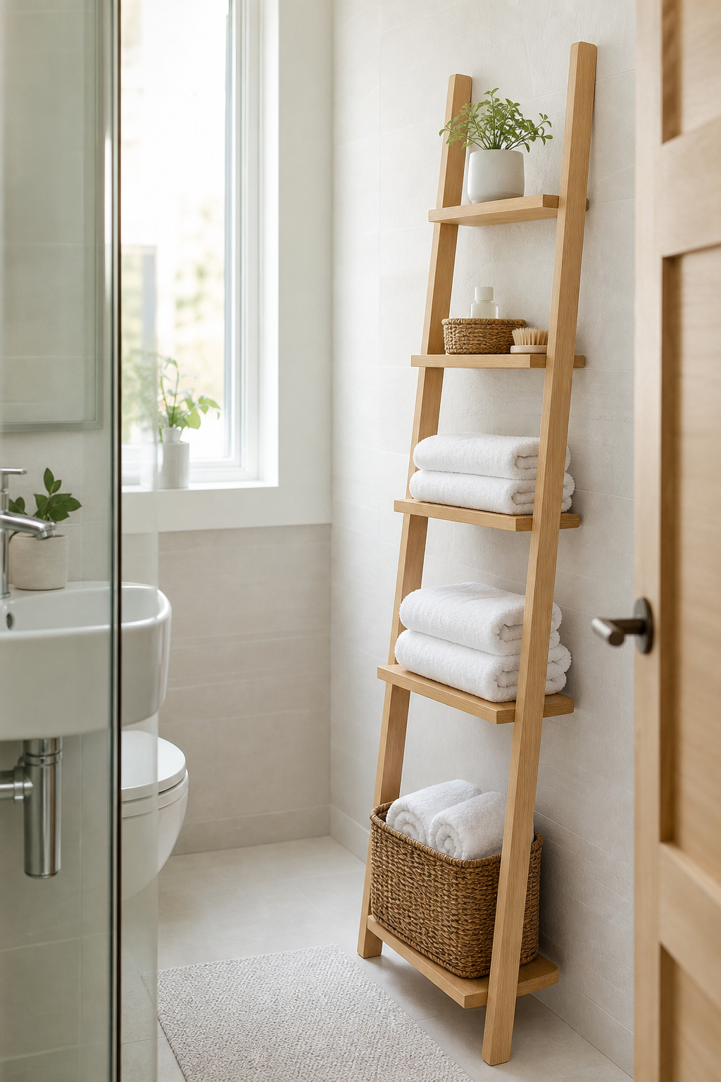 Slim ladder shelf adding towel storage in a tiny bathroom