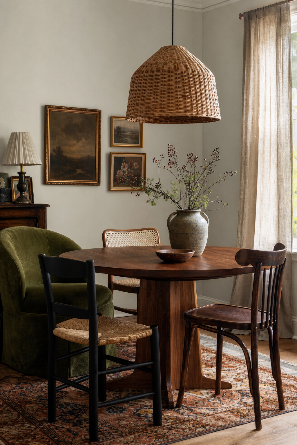 Mismatched dining chairs around a walnut table