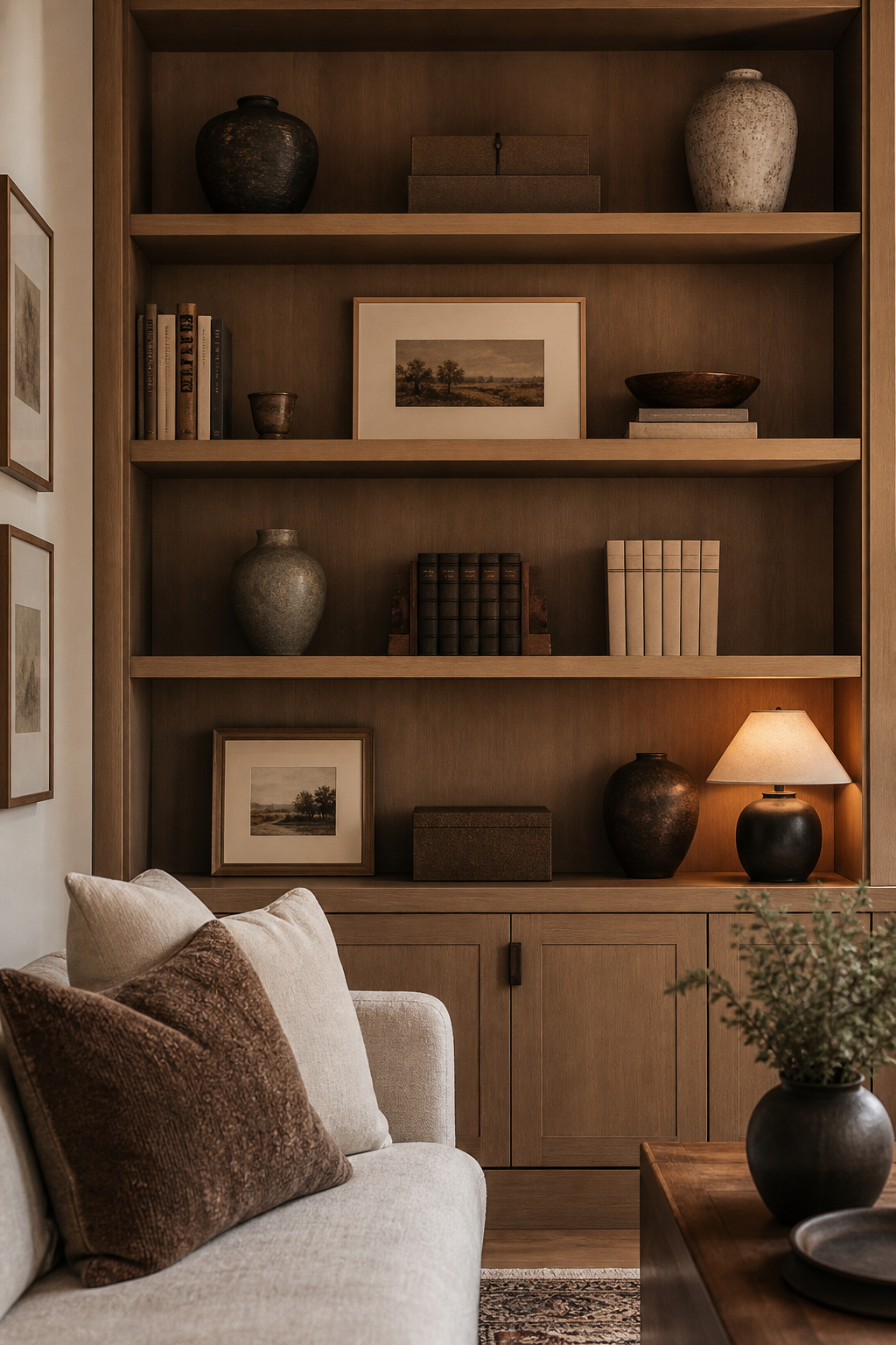Cozy living room built-in shelves styled with negative space