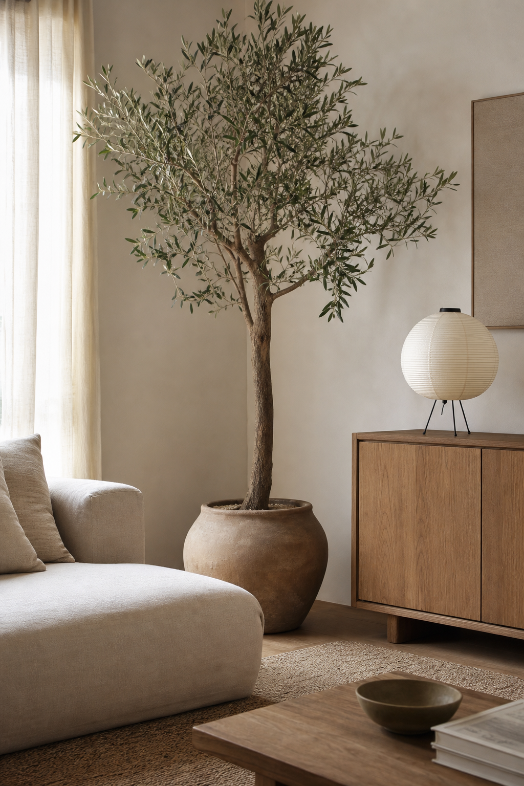 Japandi living room with olive tree in a simple clay planter