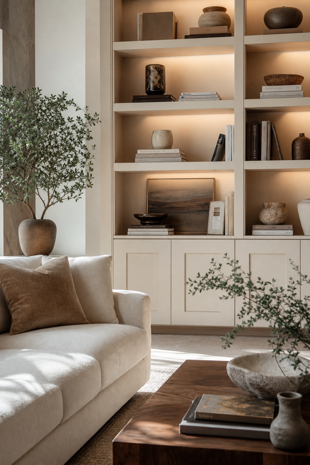 Contemporary living room with styled built-in shelves and elegant negative space
