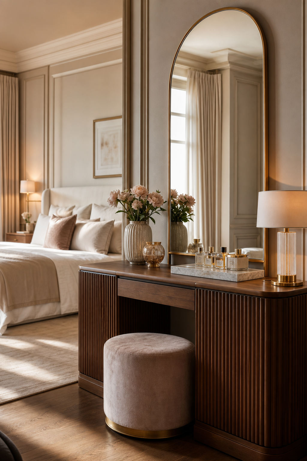 Luxury bedroom vanity with arched mirror and fluted walnut table