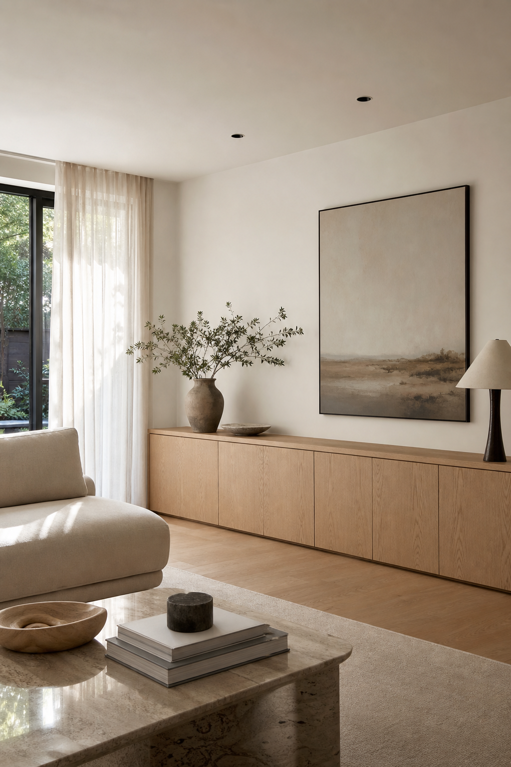 use hidden storage cabinets in a cozy minimalist living room
