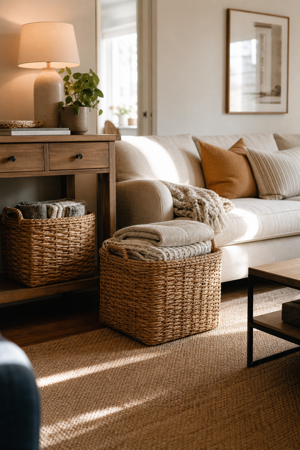 Warm apartment aesthetic idea with use baskets for visible storage