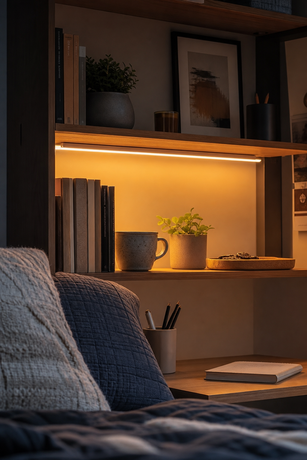 Teen room shelf with warm battery light glow