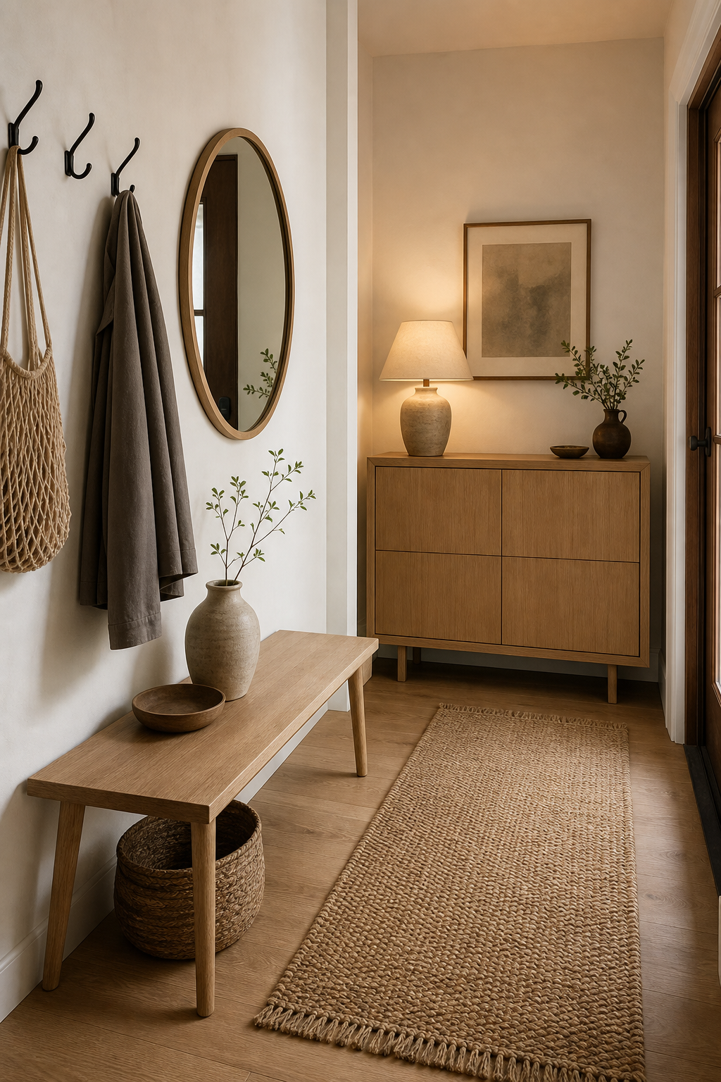 Japandi entryway with oak bench closed storage and woven runner