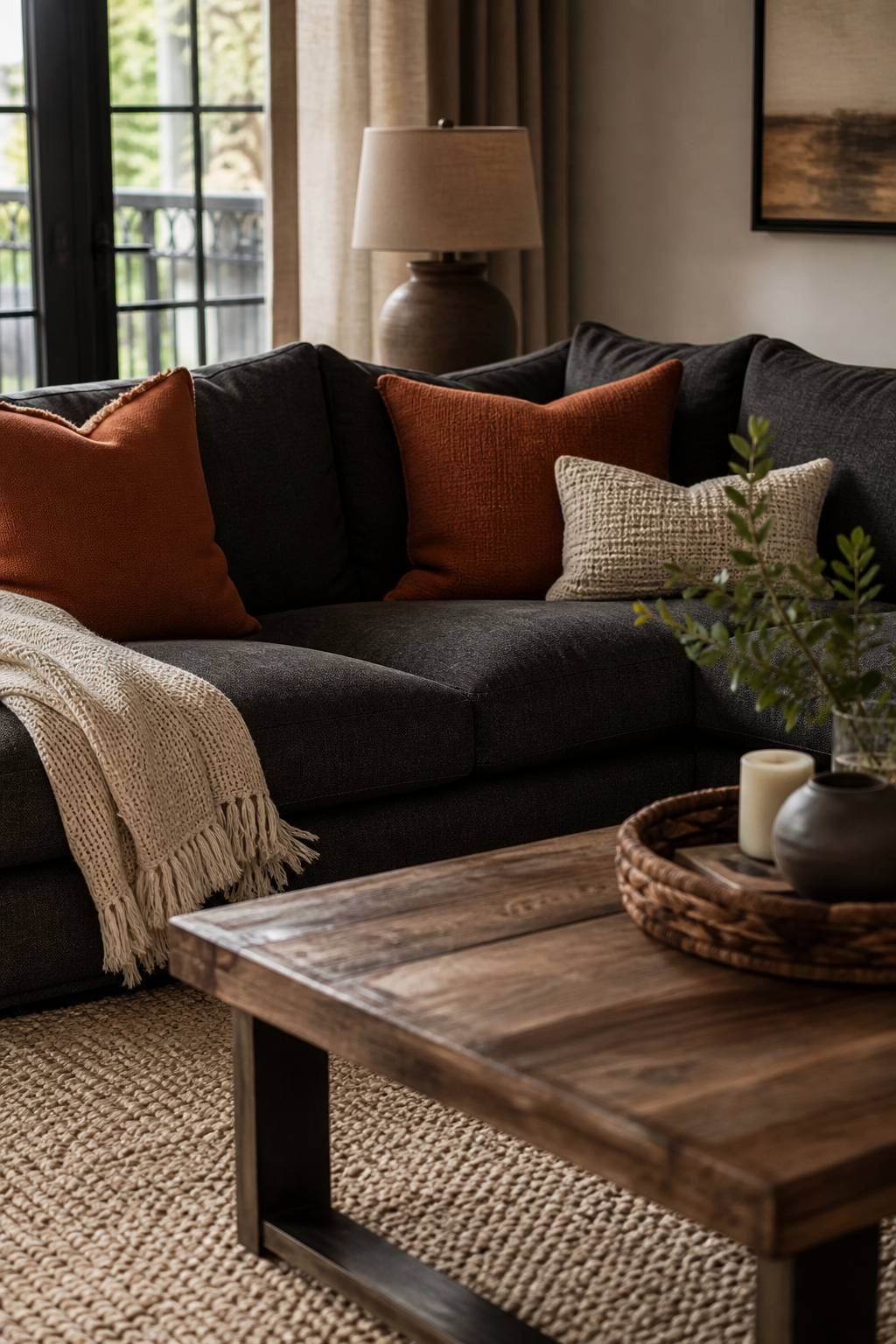 Dark grey couch styling idea with use rust as a warm accent color