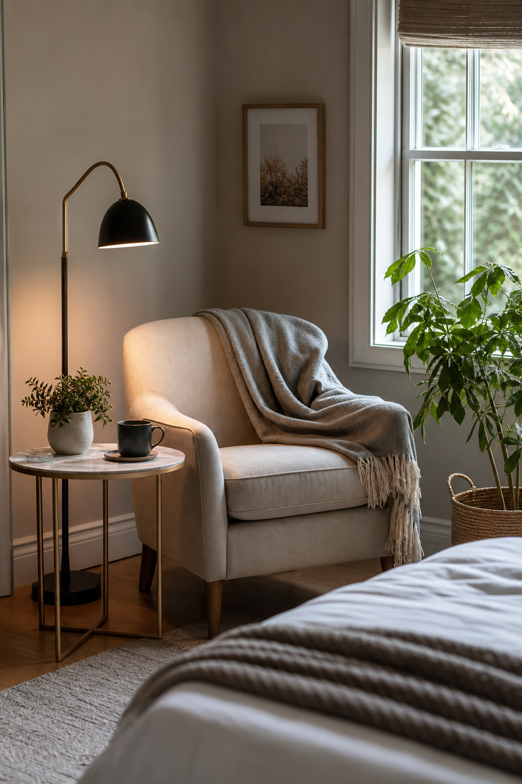 Cozy reading nook with chair, side table, lamp, and throw blanket