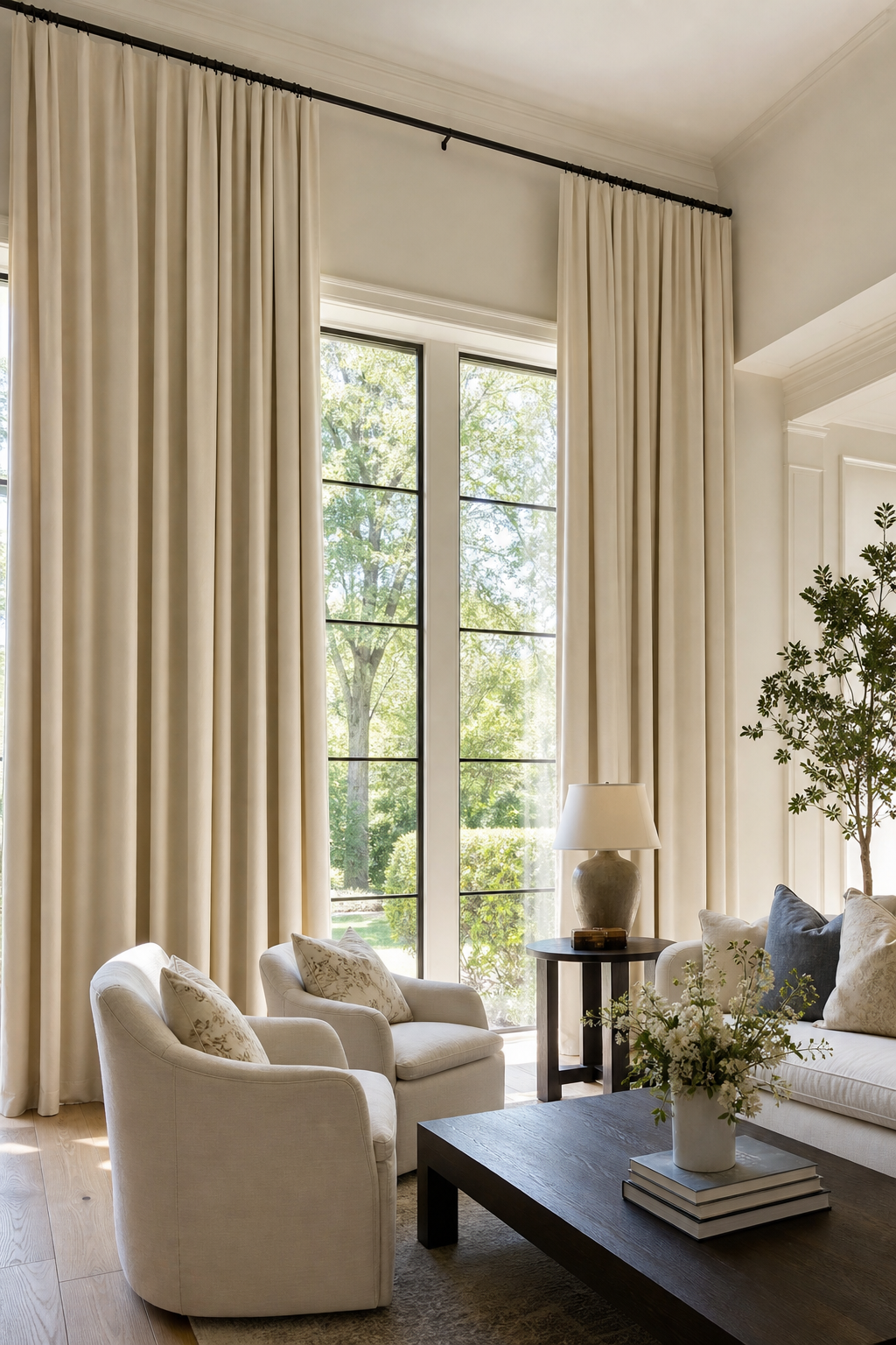 Airy living room with high-mounted linen drapery framing tall windows