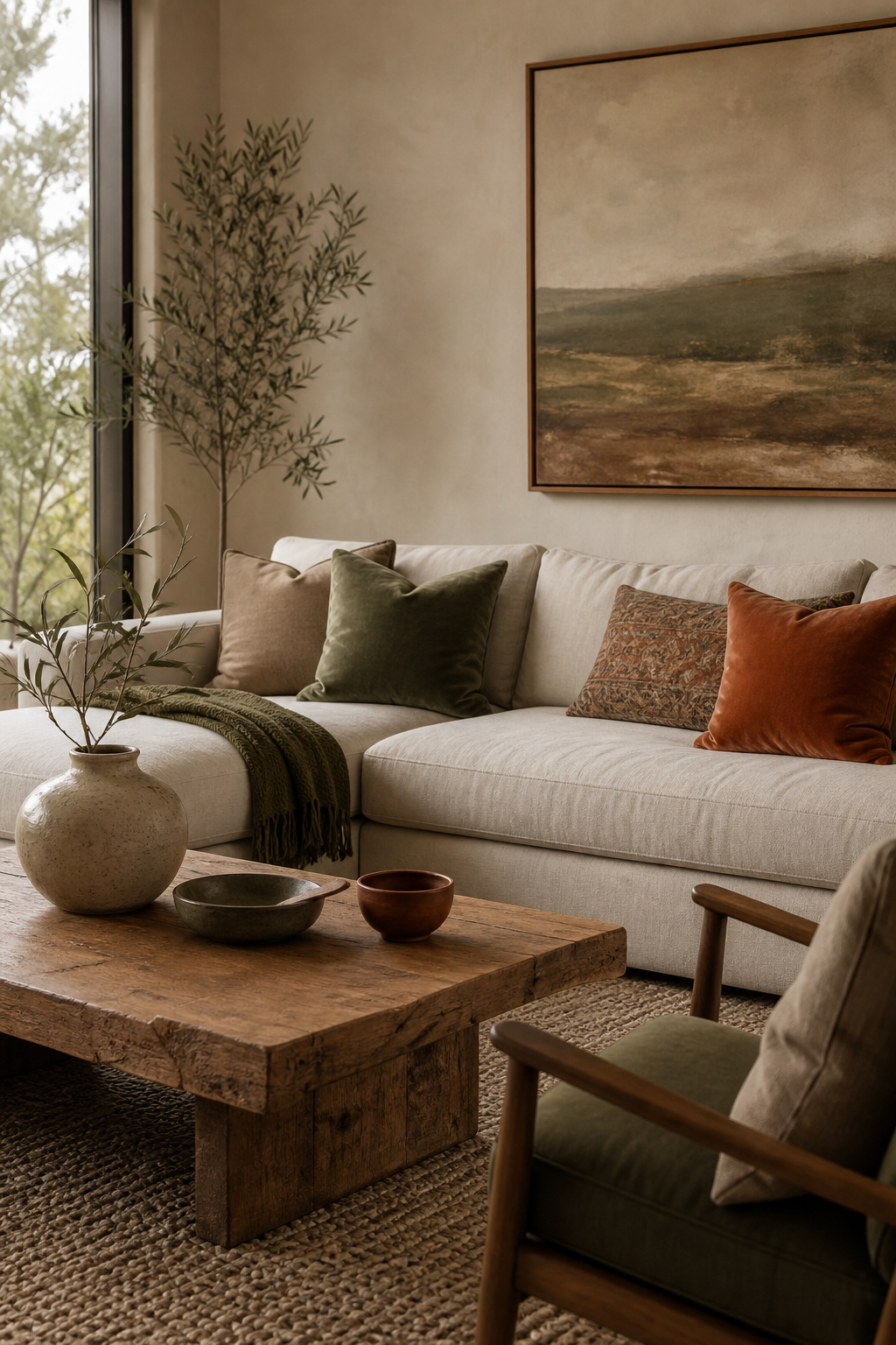 Living room with earthy olive and clay accents, neutral sofa, warm wood table, wool rug, ceramic decor, designer cozy atmosphere