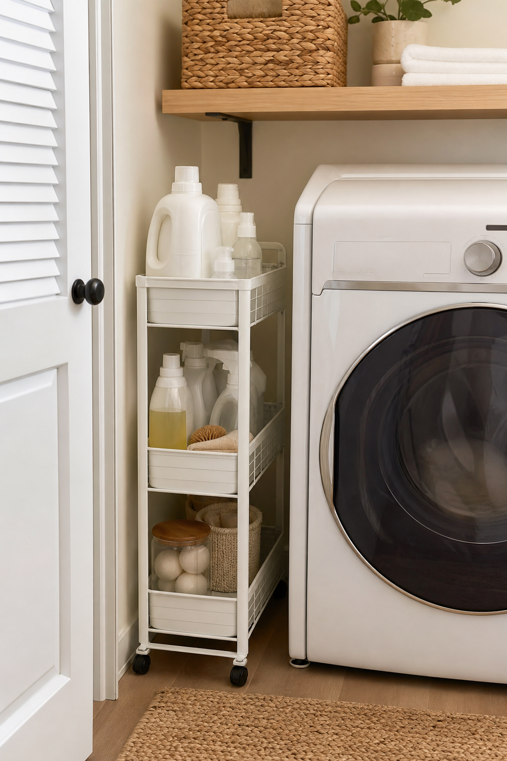 Slim rolling cart tucked beside a washer and dryer