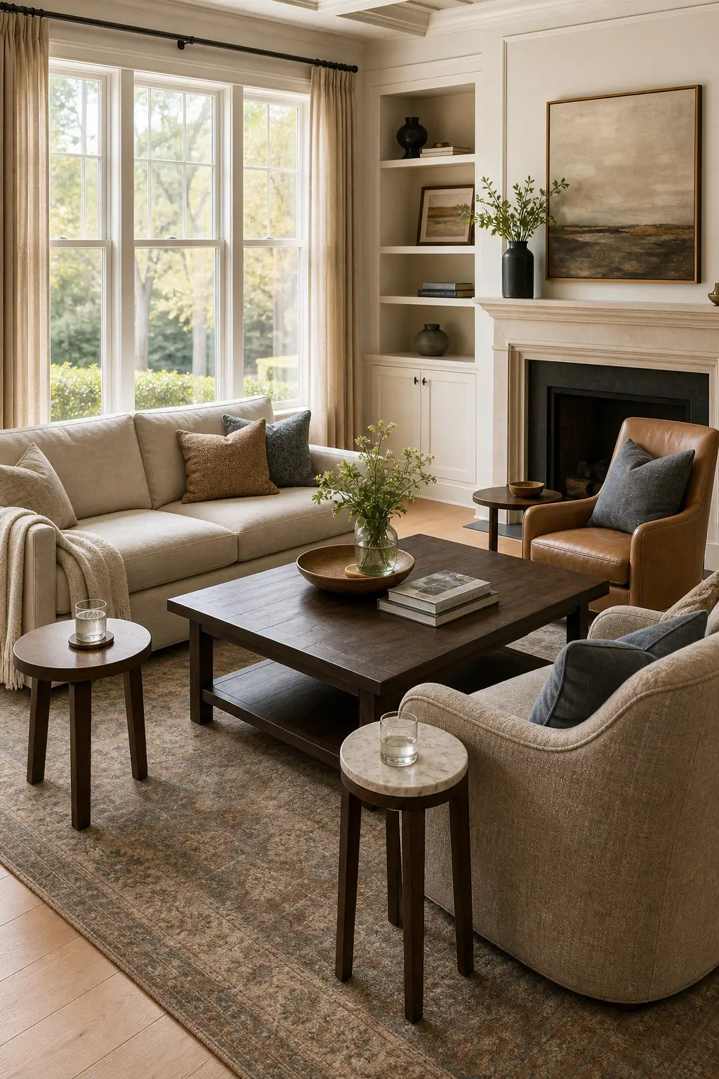 Keep side tables within easy reach in a cozy designer conversation room