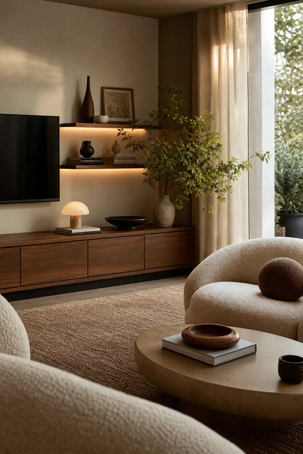 style a low media console in a cozy Y2K living room