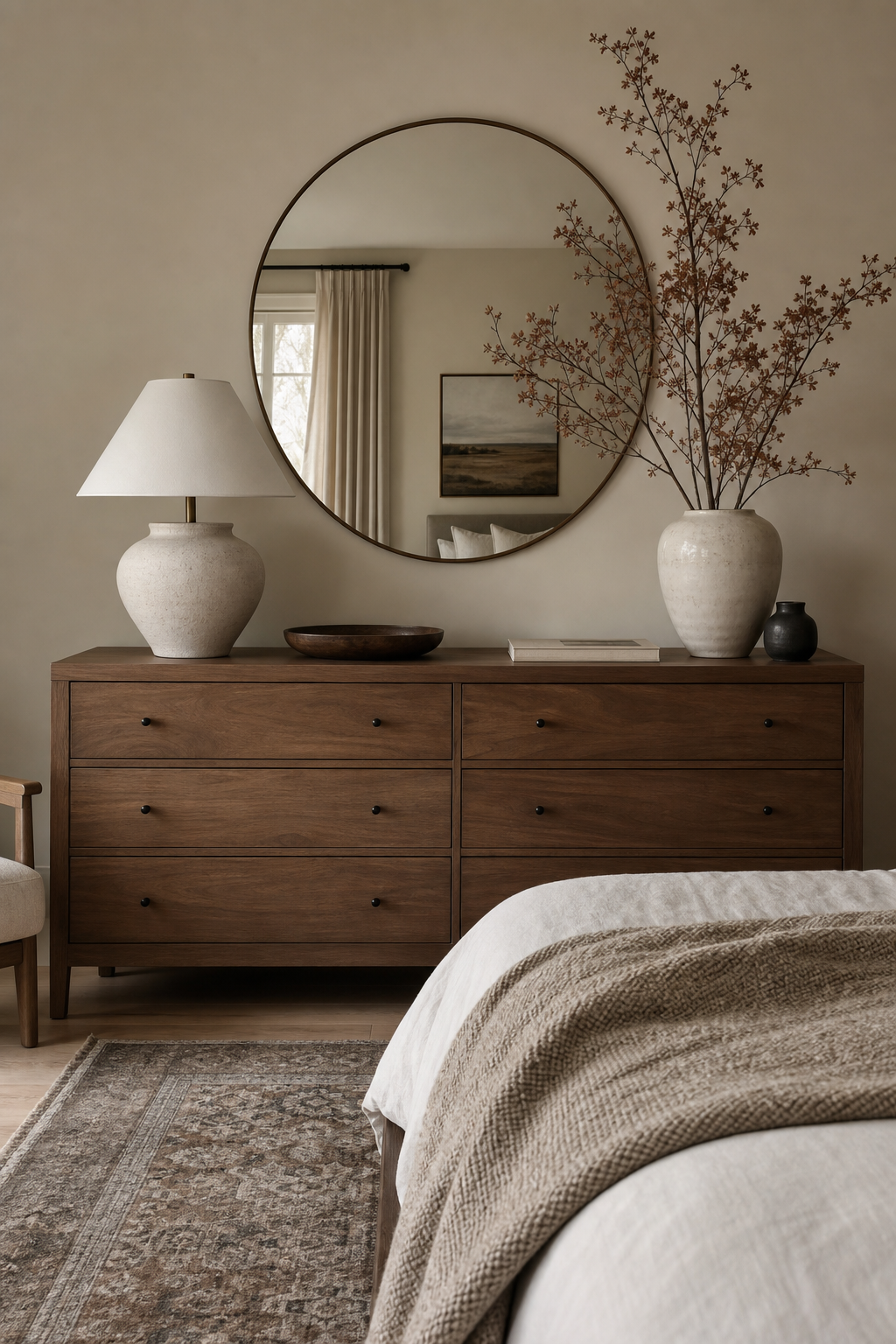 Bedroom dresser styled with mirror lamp tray and sculptural vase