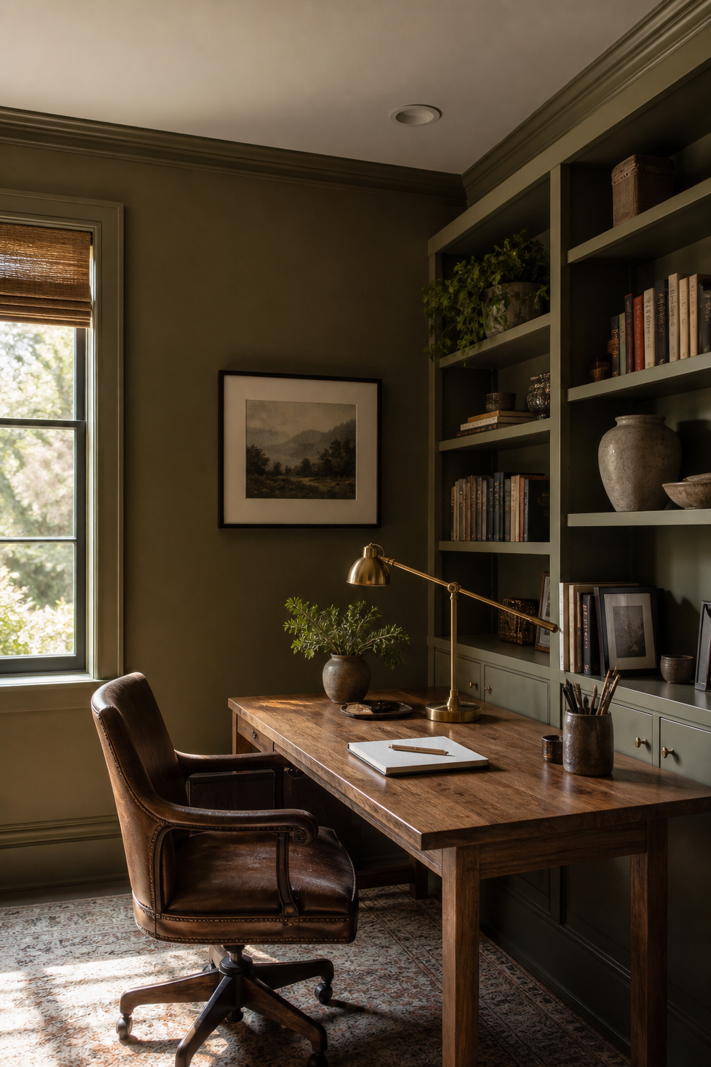 Cozy home office painted muted olive, matching shelves, wood desk, brass lamp, framed art, productive mood