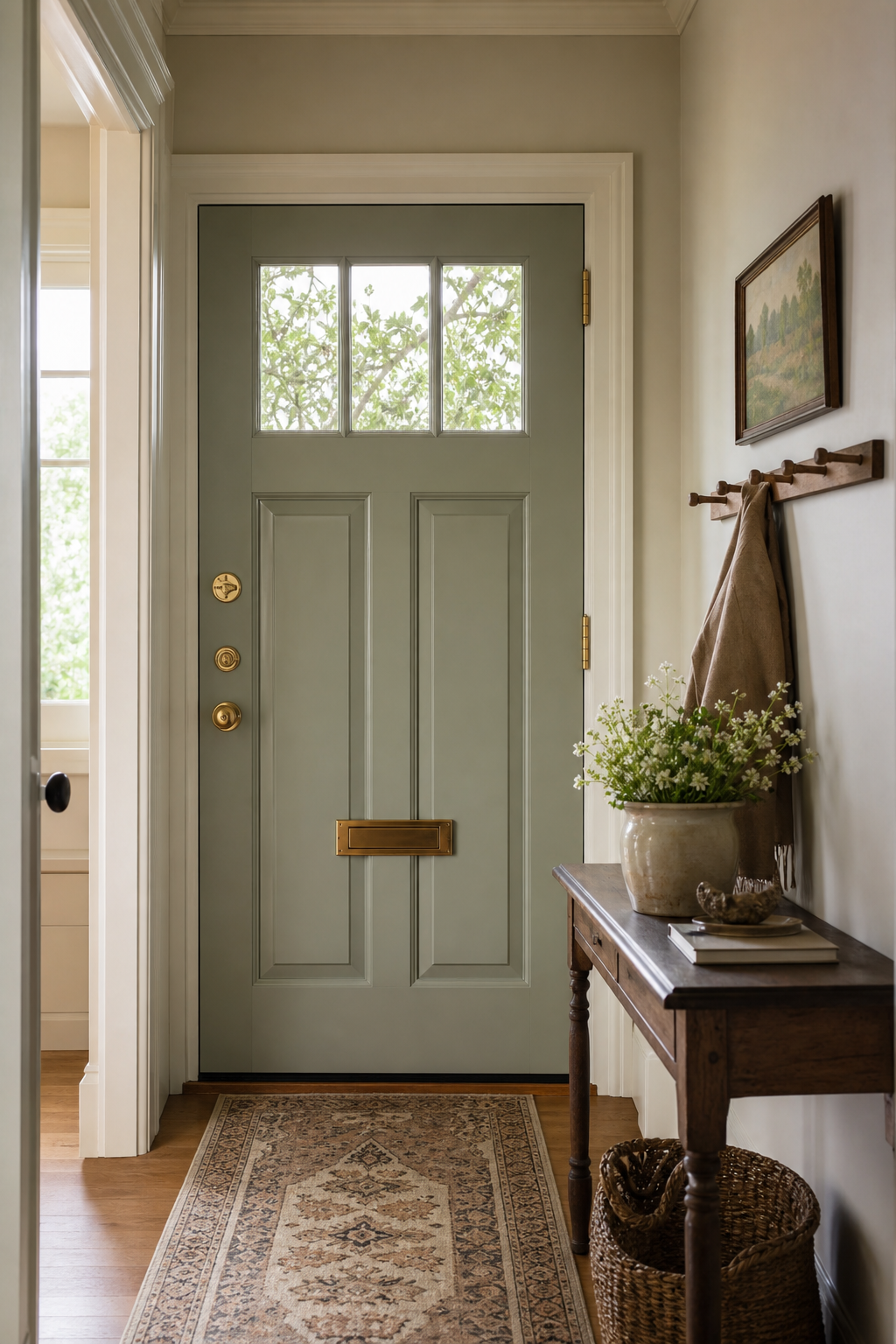 Entryway with muted sage painted front door