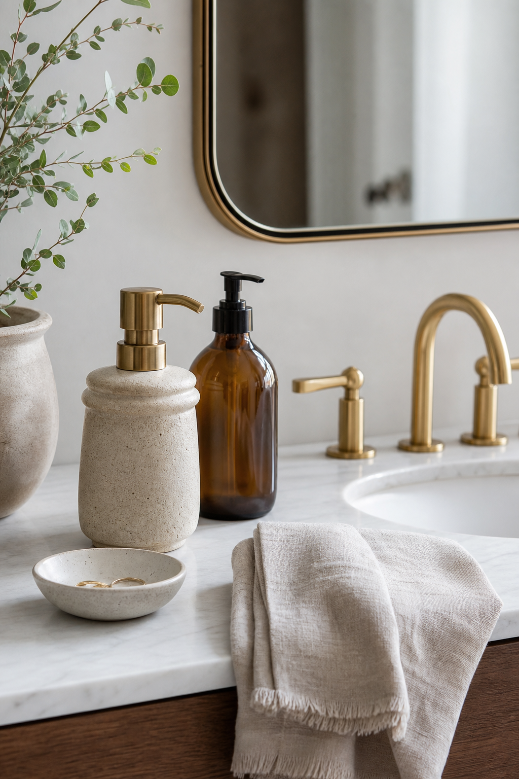 Bathroom sink with ceramic soap dispenser lotion bottle and hand towel