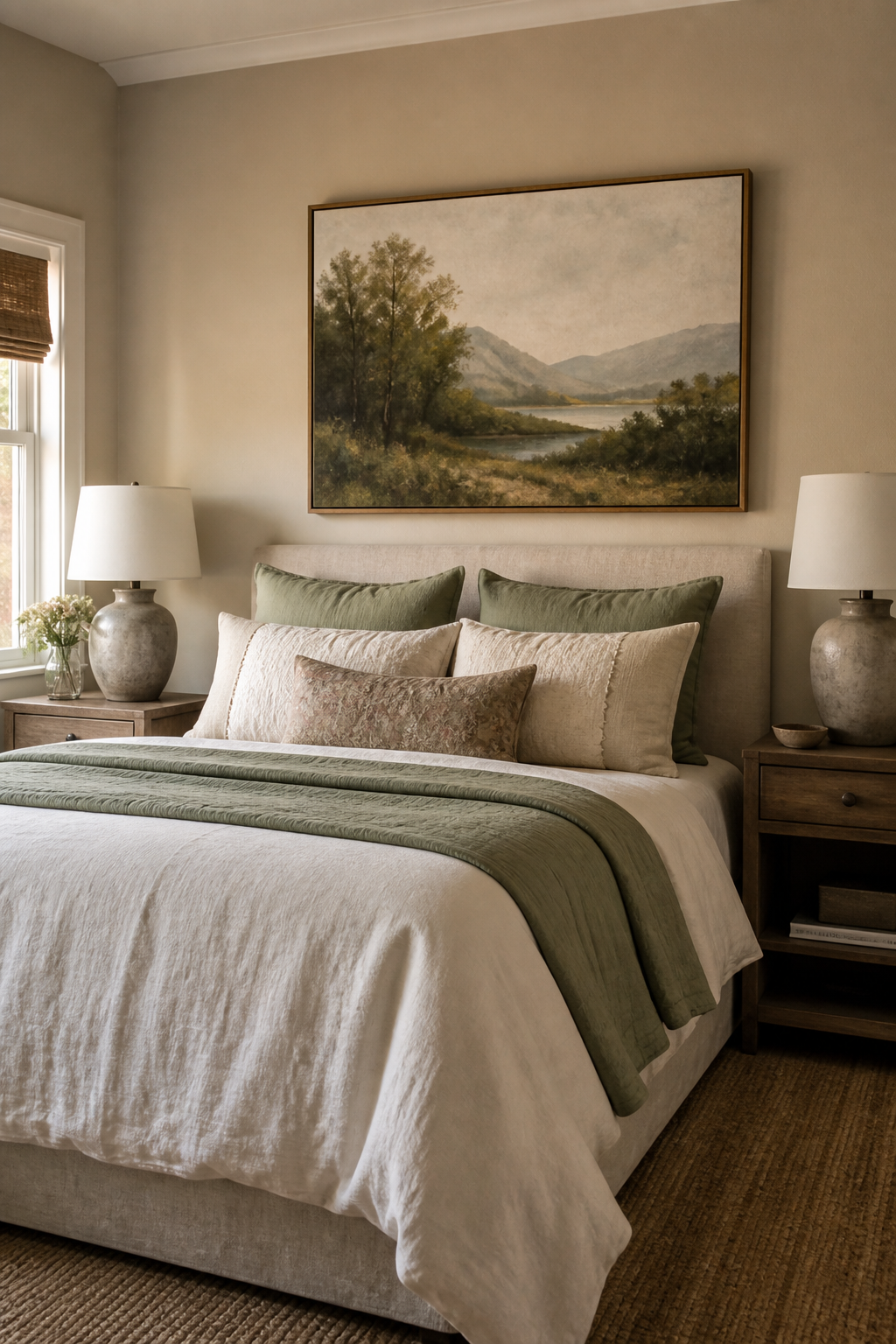 Guest bedroom with restful landscape art above bed, linen bedding, warm walls, wood nightstands
