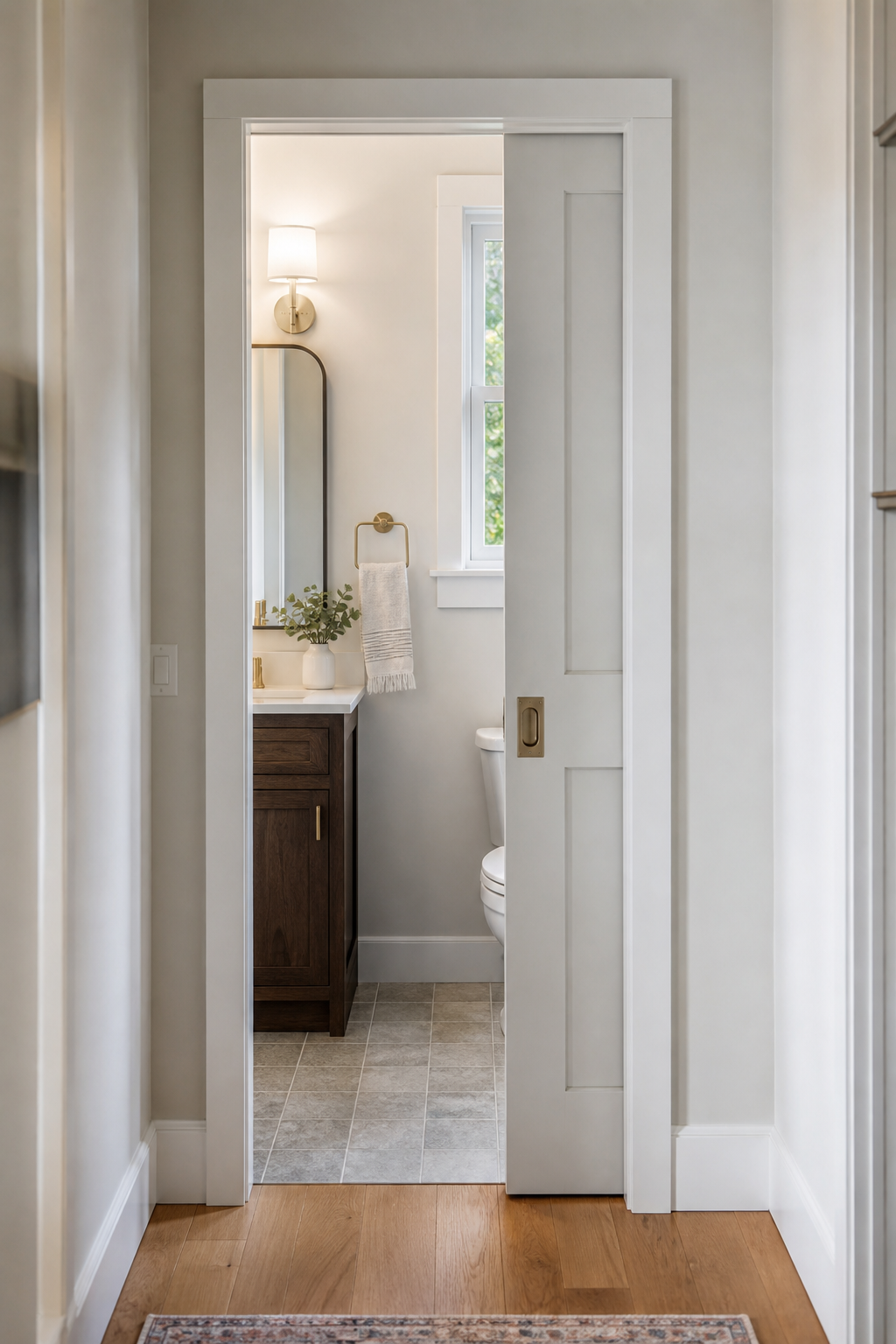 Small half bathroom with pocket door partially open, compact vanity, tile floor, and clean trim