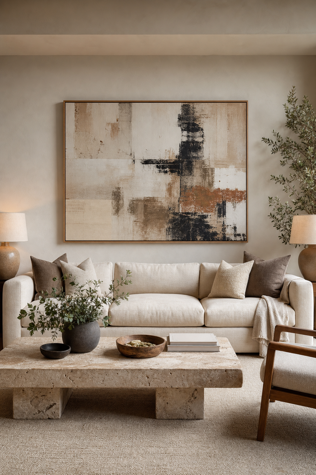 Large-scale artwork hung above a refined living room sofa