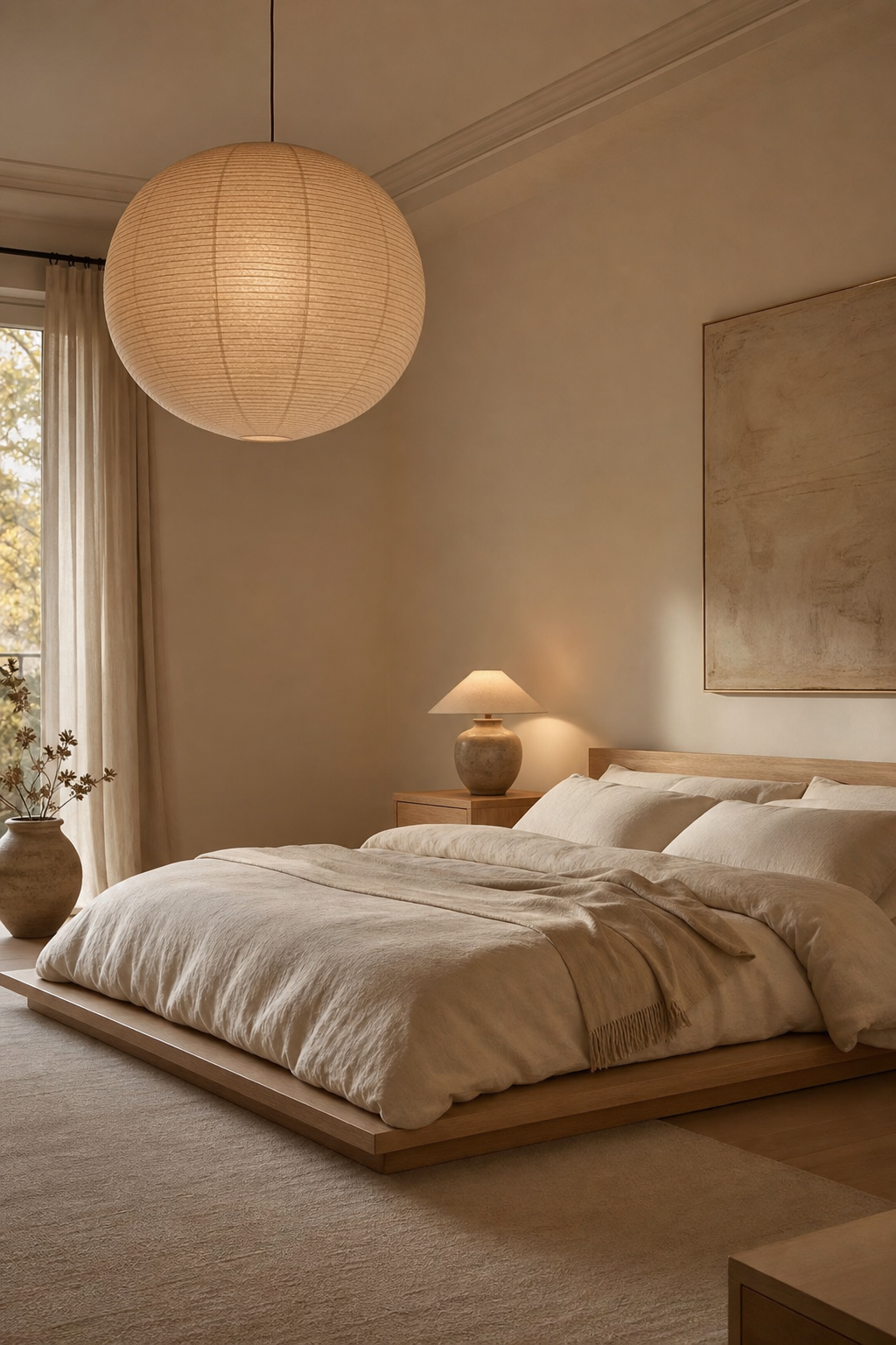 Minimalist bedroom with sculptural paper lantern pendant and warm ceramic lighting