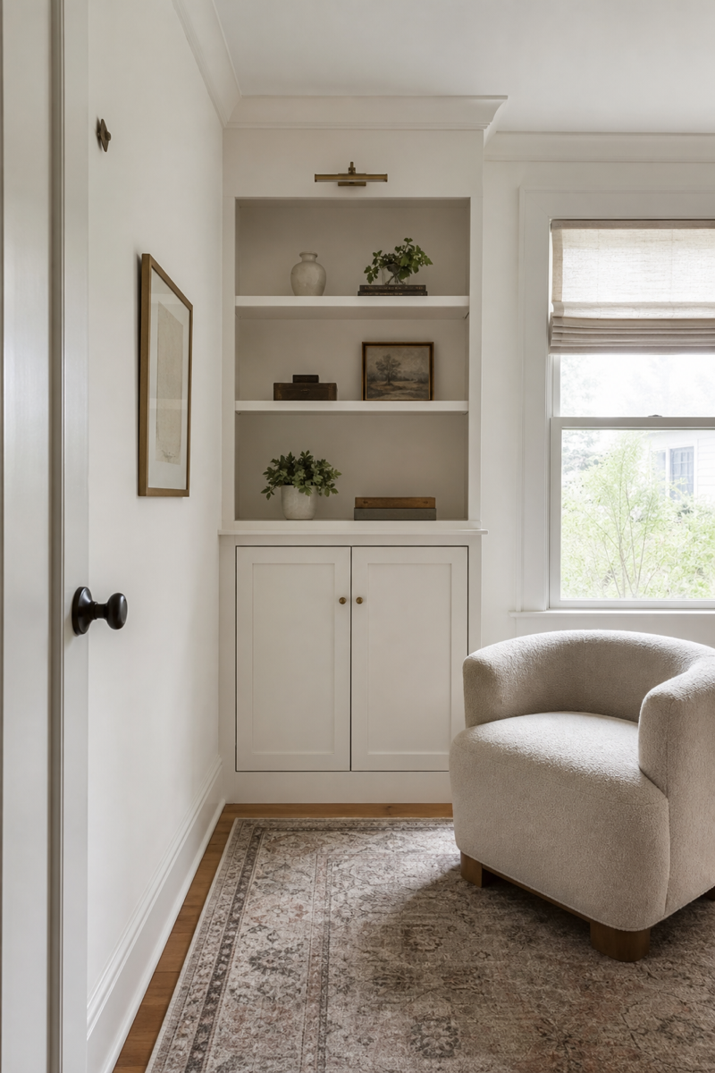 Small room makeover with a freestanding cabinet styled like built-in storage