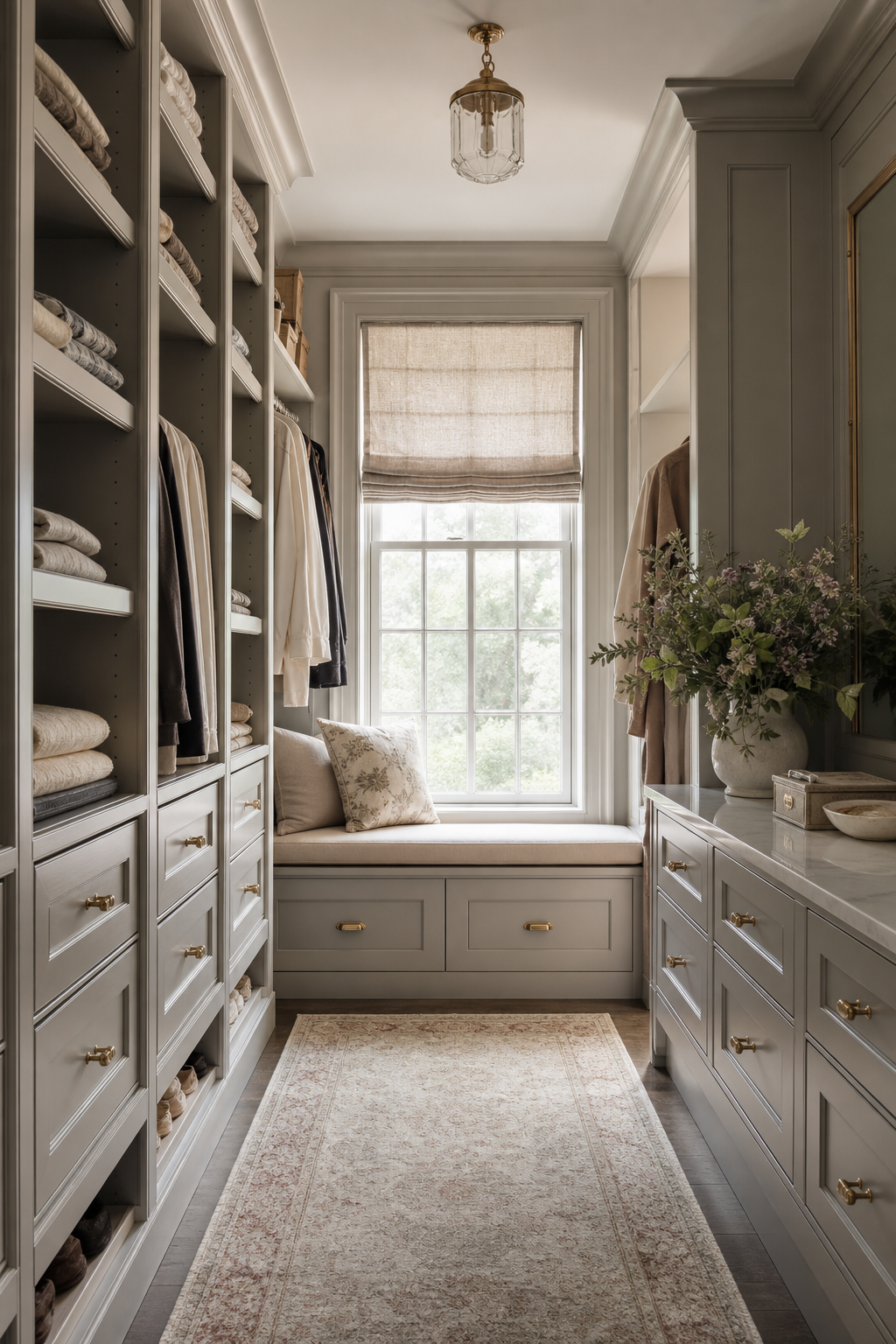 Bring In A Statement Rug in a neat stylish walk-in closet