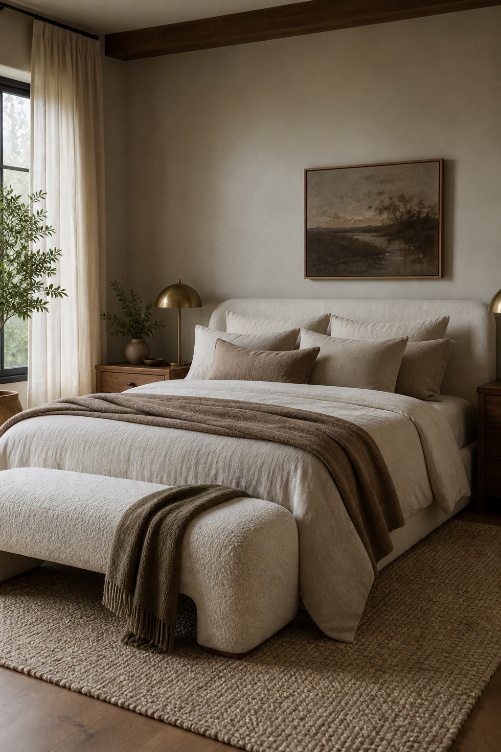 Cozy bedroom with boucle bench at the foot of a layered king bed