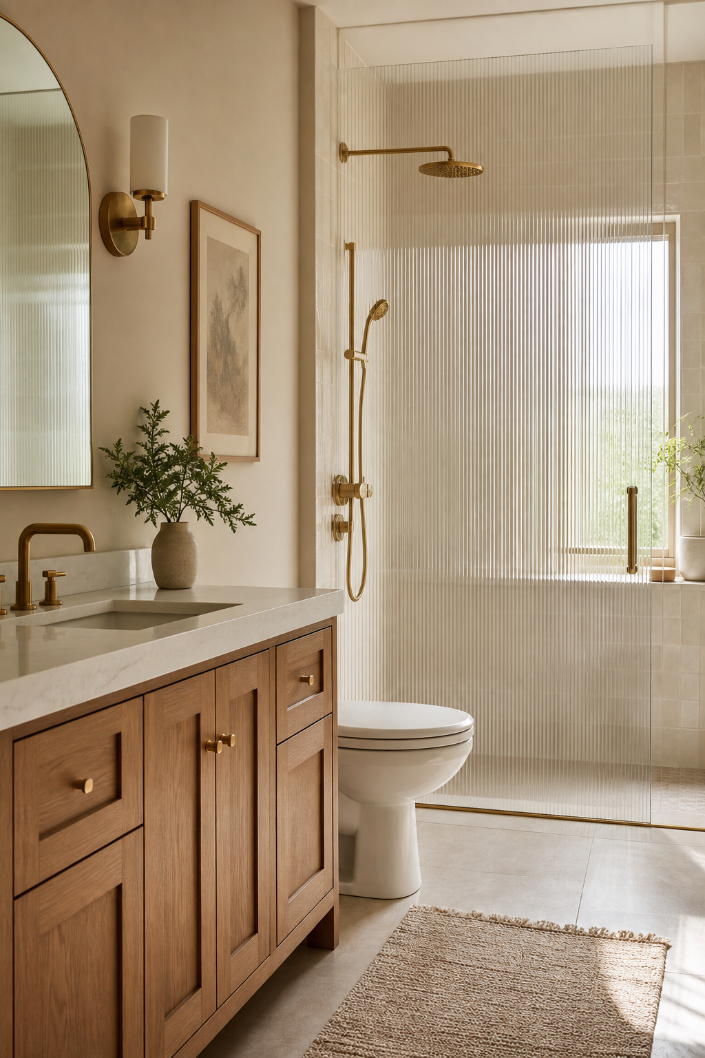Use reeded glass for privacy in a spa-like guest bathroom