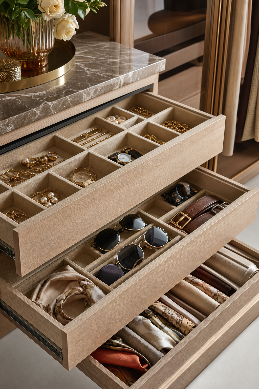 Luxury closet accessory drawer with suede-lined compartments for jewelry, watches, sunglasses, and belts