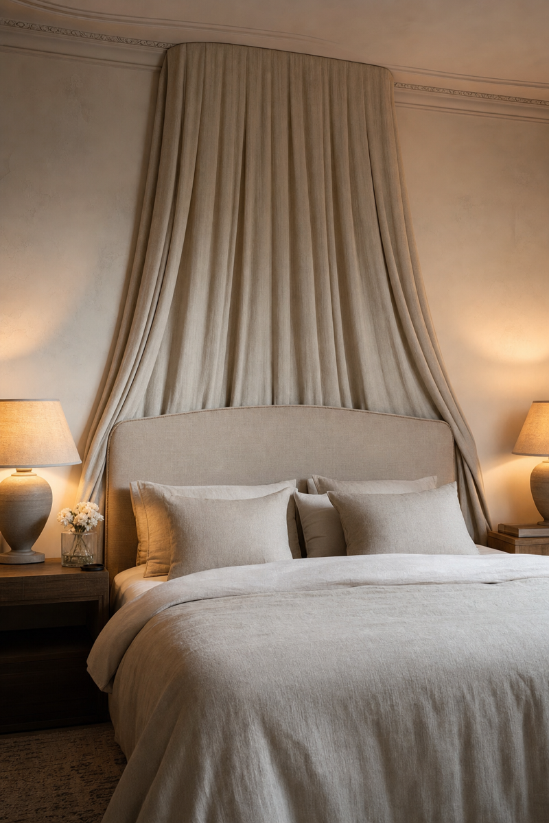 Dreamy bedroom with tailored fabric panel behind the bed
