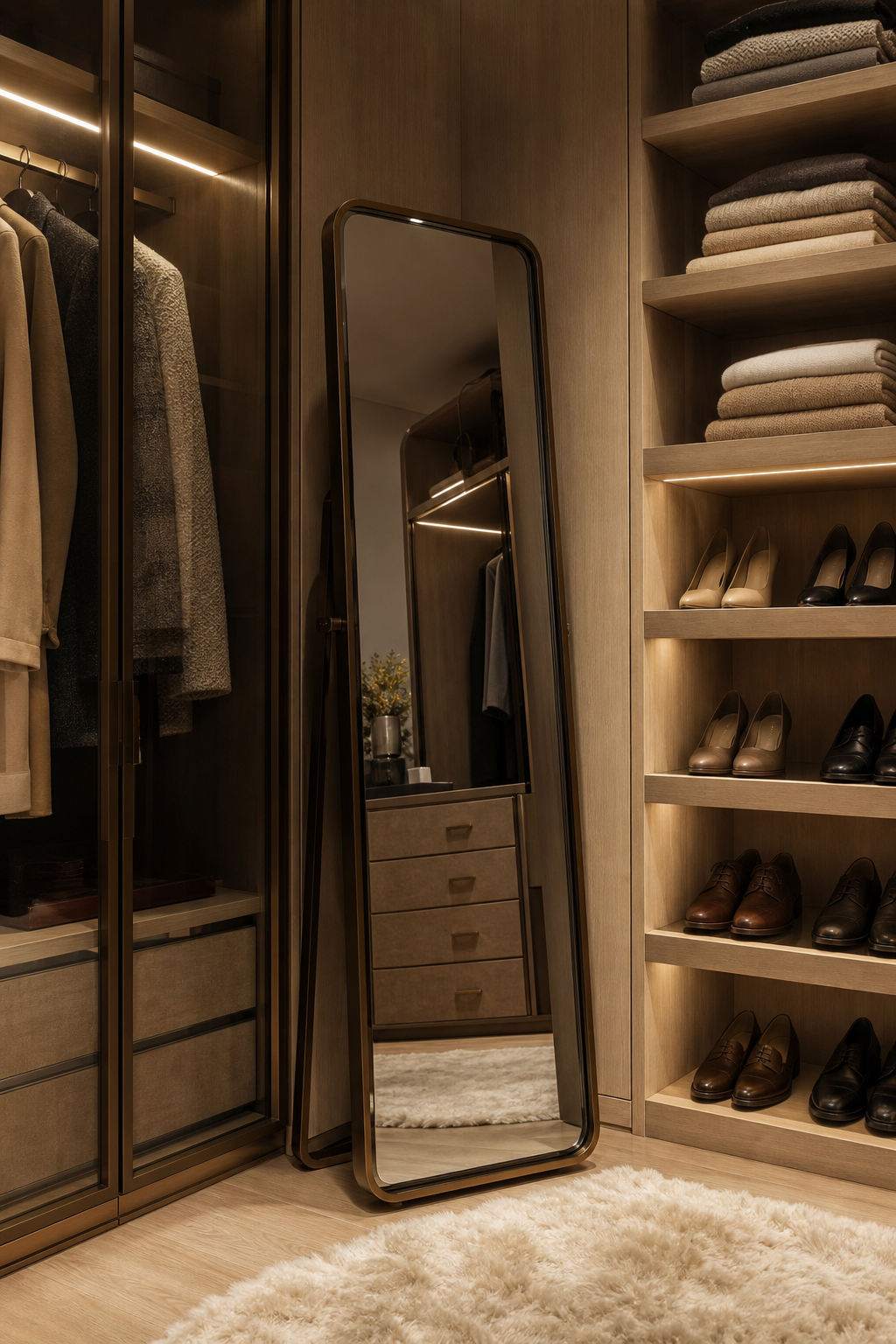 Standing mirror angled in a luxury closet corner