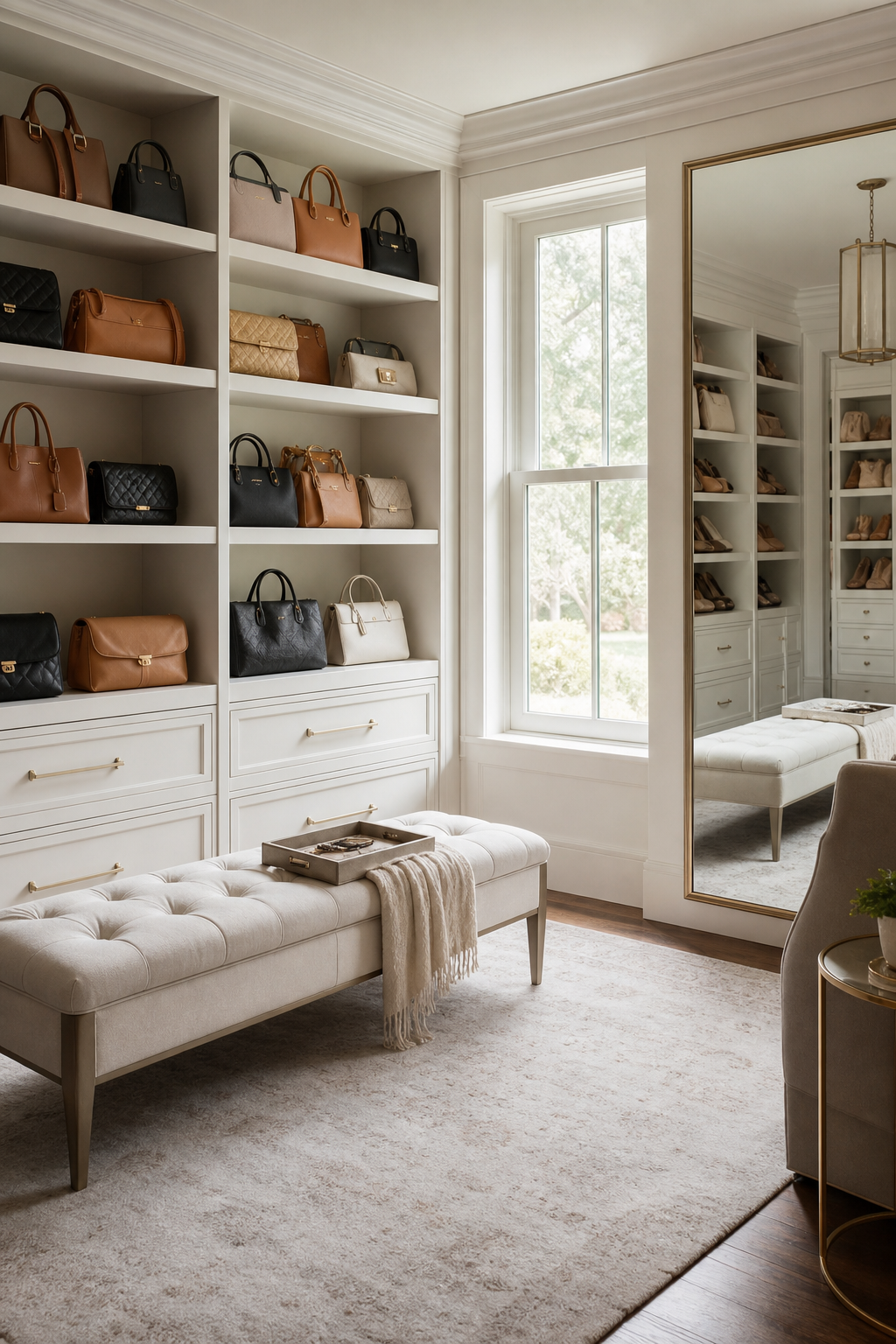Keep A Styling Bench Nearby in a neat stylish handbag closet