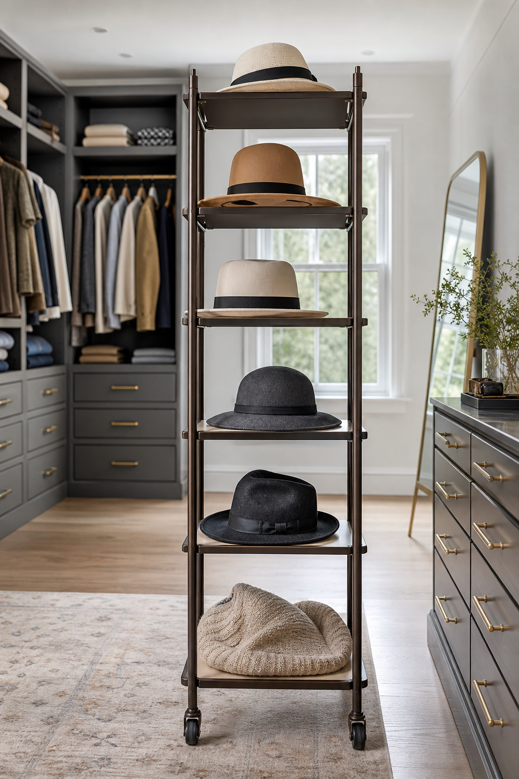 Use A Rolling Rack For Seasonal Hats for neat stylish hat storage