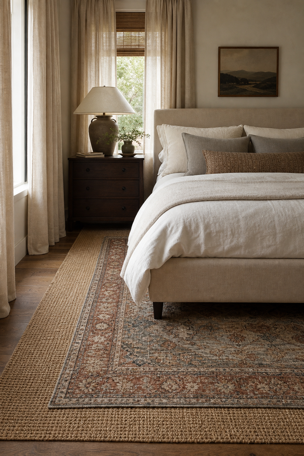 Warm bedroom with layered woven and vintage rugs under an upholstered bed