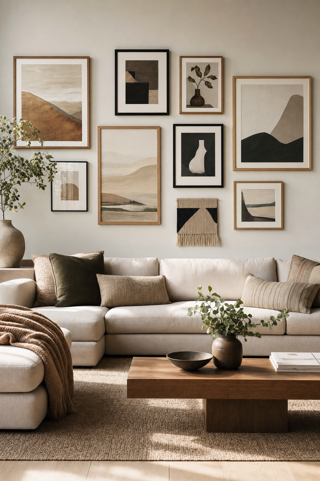 Layered gallery wall above sofa